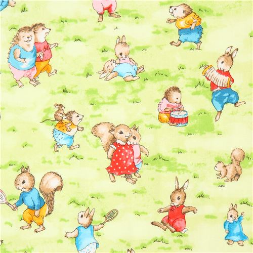 green Robert Kaufman bunny rabbit squirrel hedgehog fabric Storybook