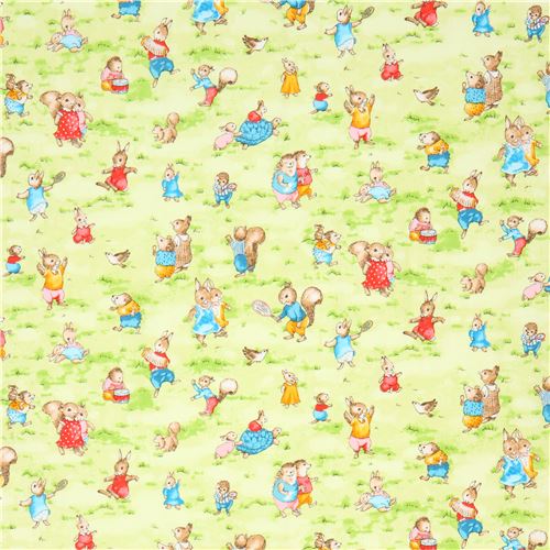 green Robert Kaufman bunny rabbit squirrel hedgehog fabric Storybook
