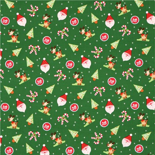 green Santa Claus reindeer Christmas fabric Peppermint Twist ...