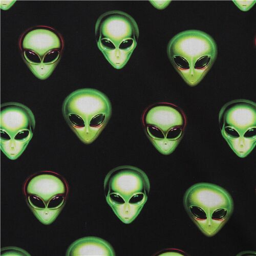 Tela negra con cara alien verde marciano algodn de Robert Kaufman Tela