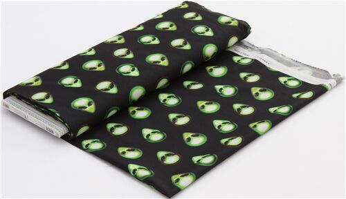 Remnant (50 x 112 cm) - green aliens on black cotton fabric by Robert Kaufman 4