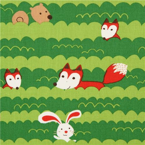 green animal fabric Robert Kaufman fox rabbit squirrel Fabric by Robert