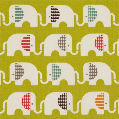 Tissu bio vert Birch avec des éléphants, modèle Ele Train Tissu