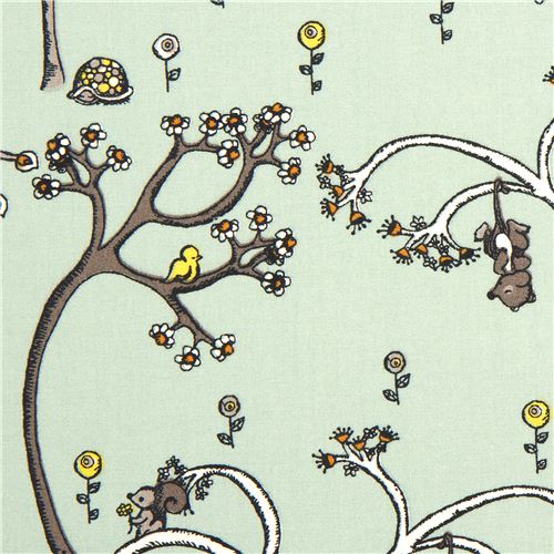 green birch organic fabric from the USA with trees & animals 1