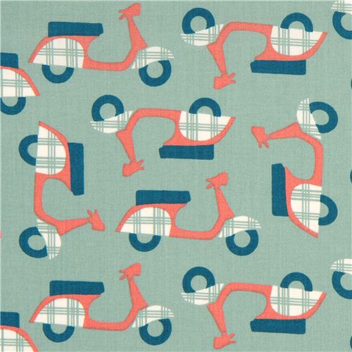 green birch organic fabric with mopeds in coral and green 1