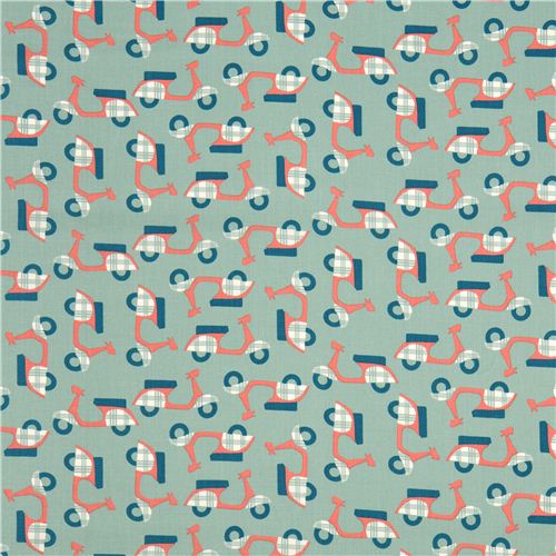 green birch organic fabric with mopeds in coral and green 2