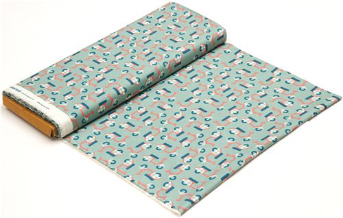 green birch organic fabric with mopeds in coral and green 3