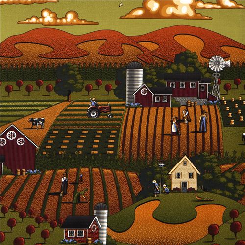 Tissu Riley Blake vert-marron ferme champ tracteur Tissu