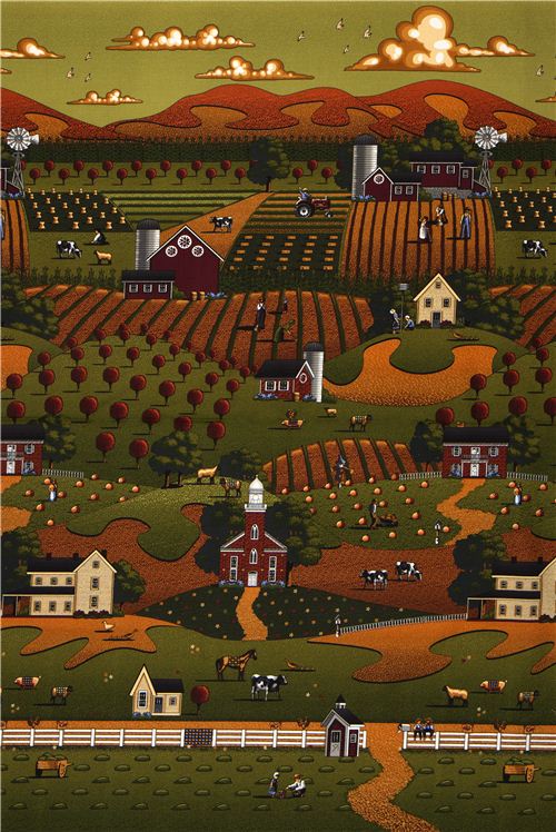 green-brown Riley Blake fabric with farm field tractor 2