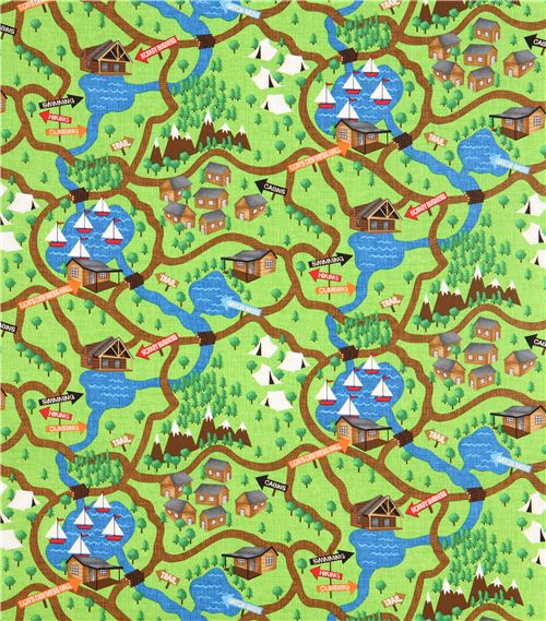 green camping map fabric by Timeless Treasures camping site 2