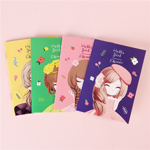 Libreta verde B5 con personaje ilustraci�n chica y flores sombrero de colores 3