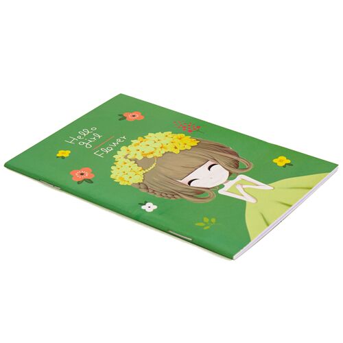 Libreta verde B5 con personaje ilustraci�n chica y flores sombrero de colores 2