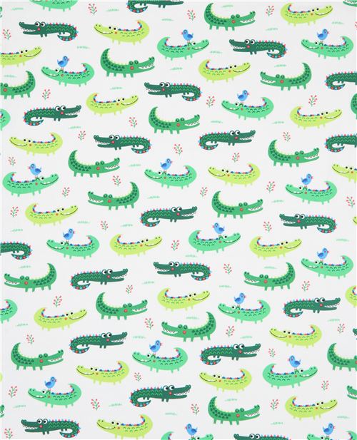 green crocodile Timeless Treasures fabric in white - modeS4u