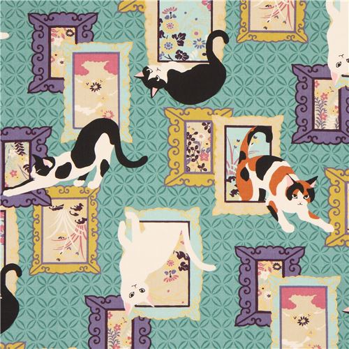green cute cat frame fabric with gold metallic embellishment from Japan modeS4u