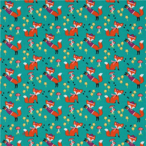 green cute fox flower Michael Miller flannel fabric from the USA - modeS4u