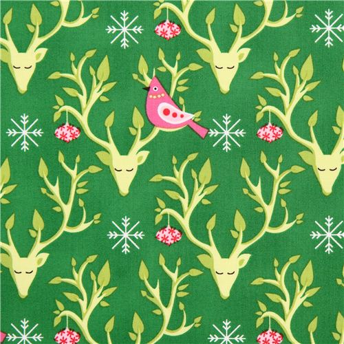 green deer antlers bird Christmas fabric Festive Forest Michael Miller 2