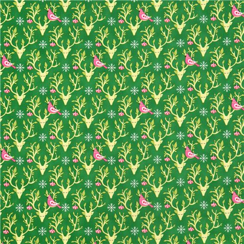 green deer antlers bird Christmas fabric Festive Forest Michael Miller 4