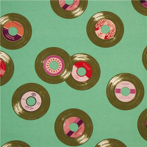 mint green disk record retro fabric by Kokka from Japan 1