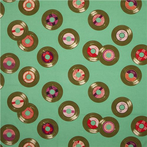 mint green disk record retro fabric by Kokka from Japan 2