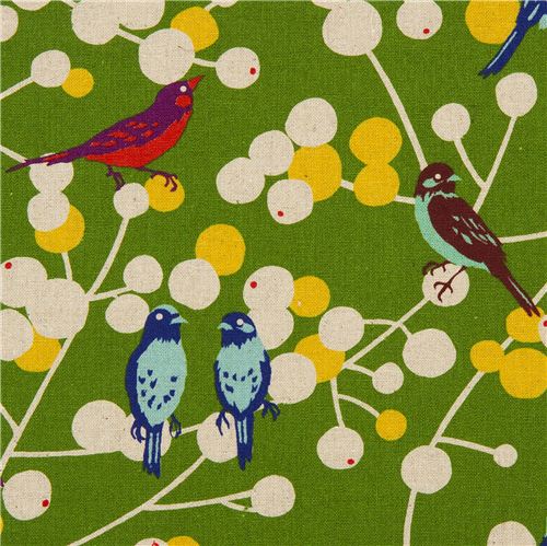 green echino birds and berries canvas fabric cherry 1