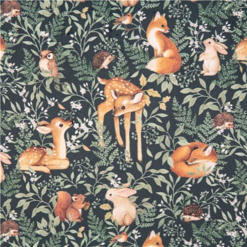 green extra wide minky fabric woodland forest creatures fawn fox Dear Stella Fabric