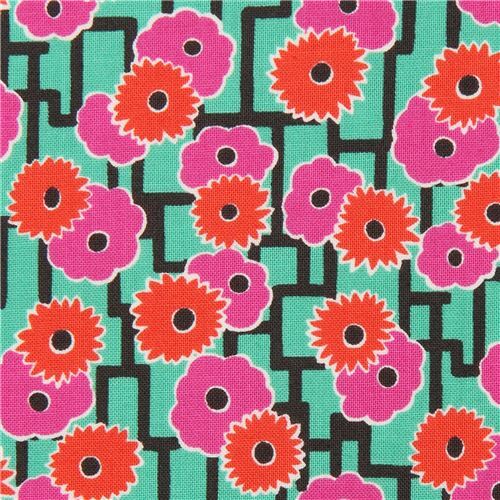 green fabric by Moda with purple and red-orange flowers Fabric by Moda ...