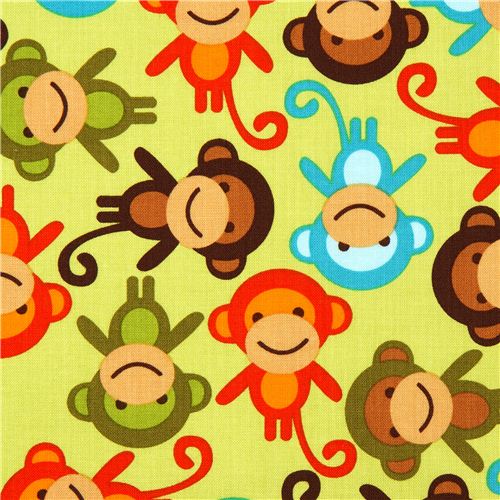 green fabric with colourful monkeys by Robert Kaufman Fabric by Robert ...