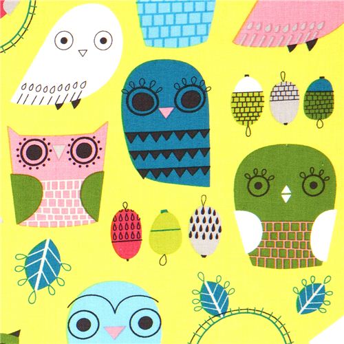 green fabric with funny owls Robert Kaufman 1