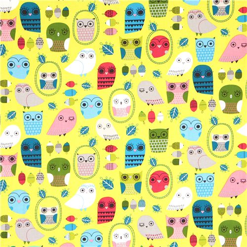 green fabric with funny owls Robert Kaufman 2