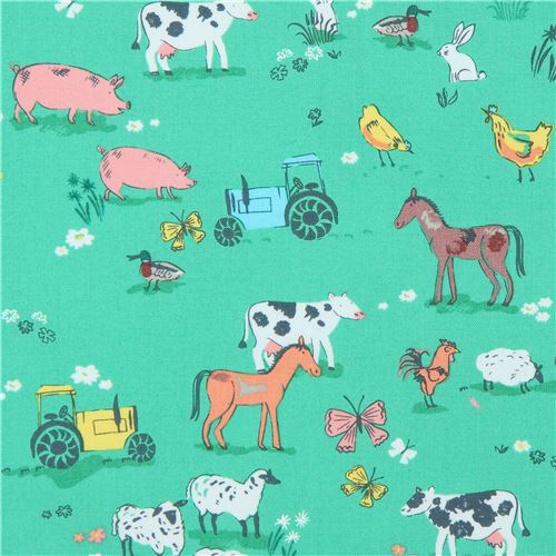 green fabric with horse pig sheep animal by Dear Stella USA - modeS4u