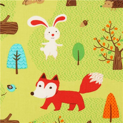 green forest animal fabric Robert Kaufman fox rabbit 1