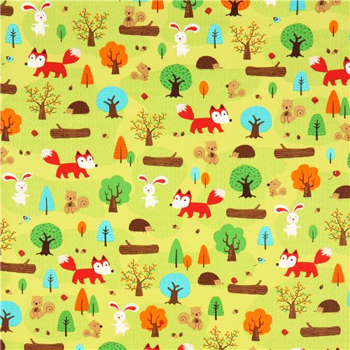 green forest animal fabric Robert Kaufman fox rabbit 2
