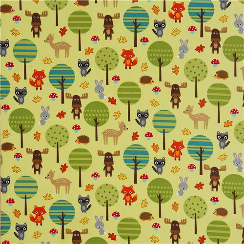 gr�ner Wald Tiere Stoff von Robert Kaufman USA kawaii 2