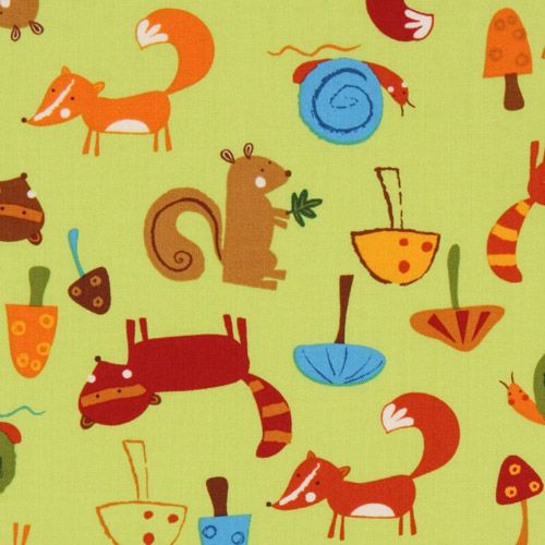 green forest animals fabric fox squirrel racoon Tessuto