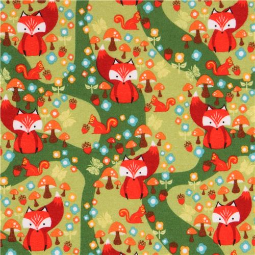 green fox flower acorn design flannel fabric Acorn Valley Riley Blake ...