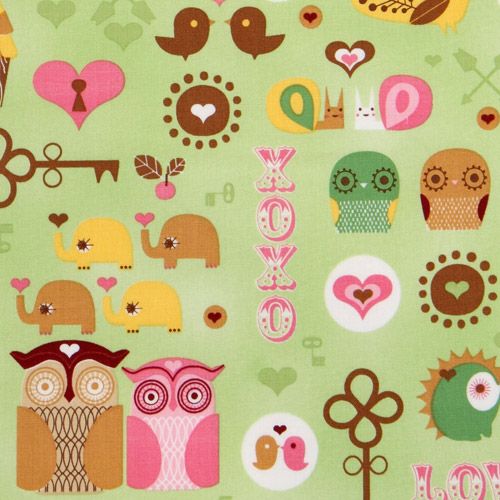 green kawaii owls fabric with hedgehog birdie elephant 1