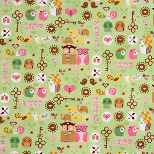 green kawaii owls fabric with hedgehog birdie elephant 2