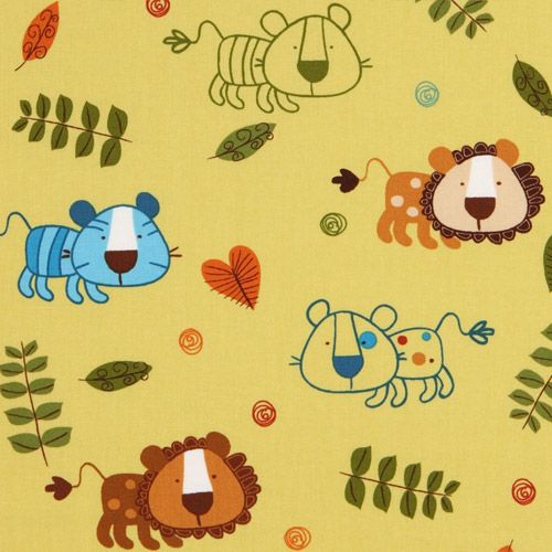 green lions fabric with leaves Robert Kaufman 1