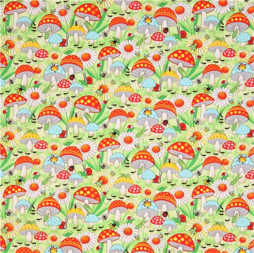 green mushroom insect flower fabric Garden Critters Blank Quilting USA ...