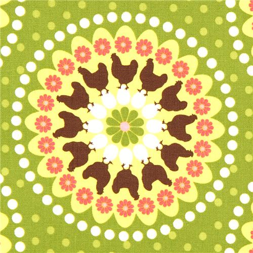 green organic fabric chicken flower egg Robert Kaufman 1