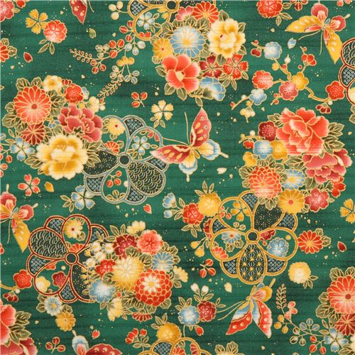 green structured cotton satin colorful flower butterfly fabric Cosmo ...