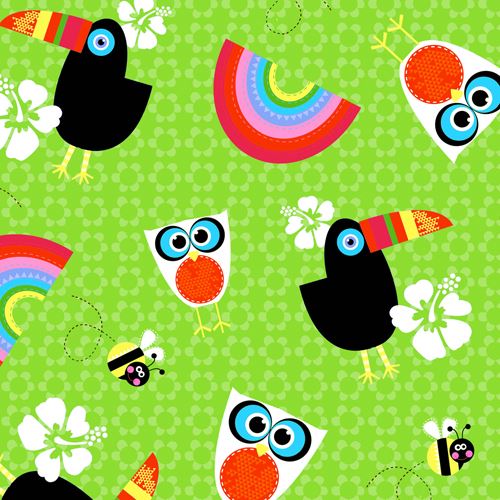 green toucan owl bird bee rainbow flower fabric by StudioE 'Sunshine Day' 1