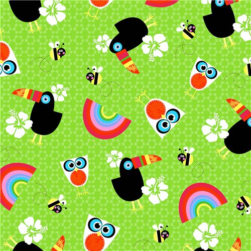 green toucan owl bird bee rainbow flower fabric by StudioE 'Sunshine Day' 2