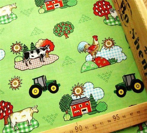 green tractor fabric with farm cow John Deere 0.5m - Kawaii Fabric ...