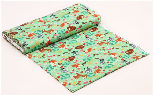green woodland animals fox raccon mushroom fabric Timeless Treasures  4