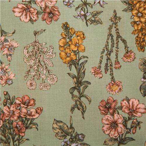 green yellow pink botanical flowers stalk Japanese lawn cotton fabric ...