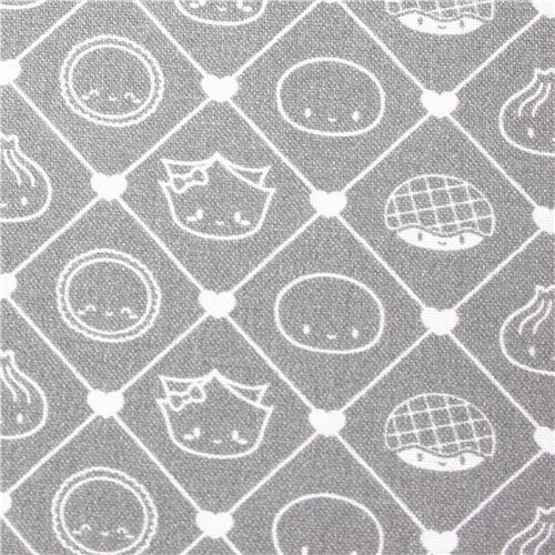 Tissu en coton gris grille en losanges, boulettes souriantes Tissu