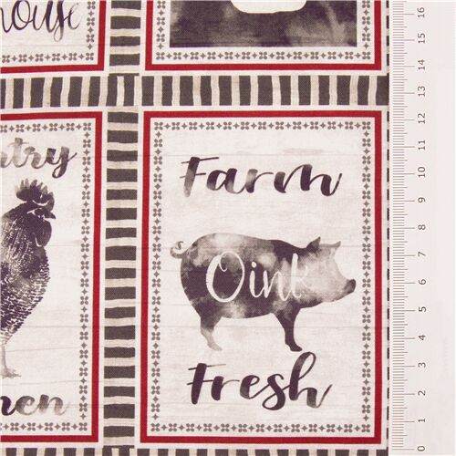 grey Michael Miller ecru cotton fabric farm animals and jugs baskets produce  - modeS4u