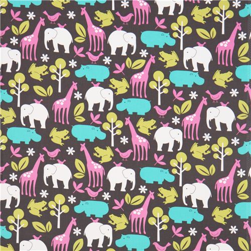 grey Michael Miller fabric Zoology pink zoo animals 2