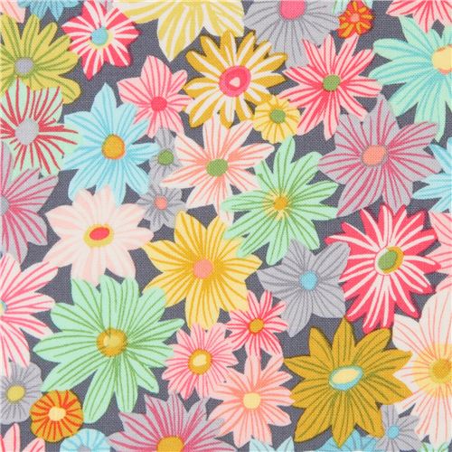 grey Michael Miller fabric colorful flower Daisy Garden Fabric